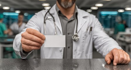 Doctor holding a white card in his hand. The card is blank and has no writing on it