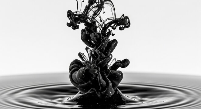 Black ink creating abstract swirling patterns and ripples in clear water against a white background.