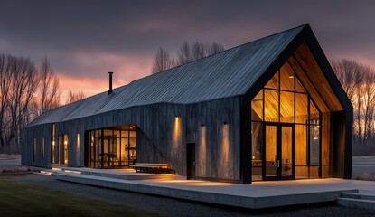 Obraz premium Large house with a lot of windows and a fireplace. The house is surrounded by trees and has a warm