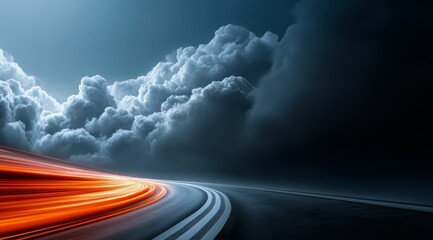 Long road with a bright orange line on it. The road is empty and the sky is dark and cloudy