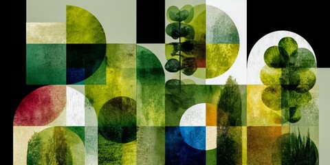 Painting of a forest with many different shapes and colors. The painting is abstract and has a lot of green