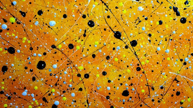 Painting of a yellow and black background with white and black dots. The painting is abstract - Powered by Adobe