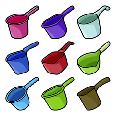 collection of images of various colored plastic water dipper, simple vectors.eps