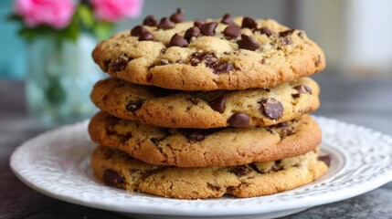 Freshly baked chocolate chip cookies sit on a white plate showcasing their golden edges and melted chocolate.