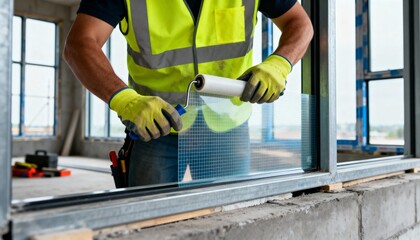 Medium shot capturing the installation of seismicresistant glass reinforcement films on building windows to enhance safety during earthquakes.