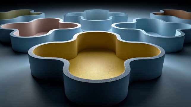 Collection of uniquely shaped, colorful objects with a yellow center