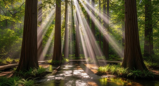 Sunbeams pierce through tall trees in a lush forest