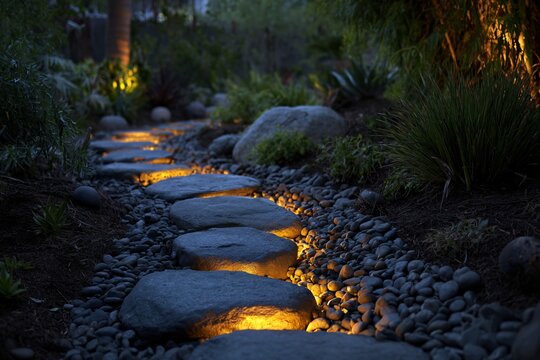 Stone path with garden lights illuminates a tranquil outdoor landscape.