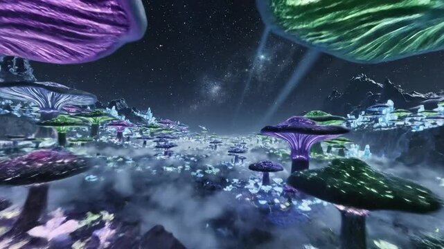 Enchanting bioluminescent mushroom forest at night with glowing flora.