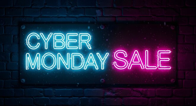 Cyber Monday Background With Glitch Neon Sign On Dark Brick Wall