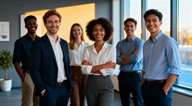 Group of diverse smiling business professionals standing together in a modern office reception area near a bright window showing successful teamwork and corporate leadership.