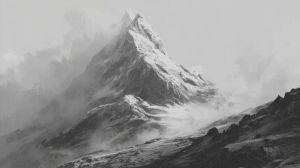 Obraz premium A towering snowy mountain stands proud amidst swirling clouds and mist in a tranquil scene.