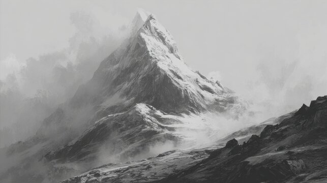 A towering snowy mountain stands proud amidst swirling clouds and mist in a tranquil scene.
