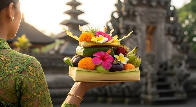 A traditional Balinese banten offering basket filled with colorful flowers, fruits, and coconut leaves, held by a woman’s hand in a bright kebaya