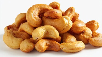 Fototapeta premium A heap of golden brown cashews sits invitingly ready to be enjoyed as a tasty snack.