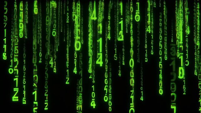 Dynamic green digital code rain, abstract technology background with falling numbers and characters. Represents internet, data, programming, and cybersecurity.