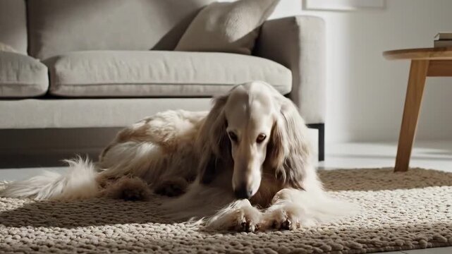 dog with huge ears | A graceful Afghan Hound rests on a soft rug in a well-lit living room, exuding elegance and calmness as sunlight softly illuminates its long, flowing fur