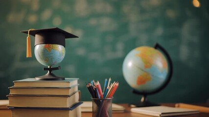 Global education concept with graduation cap on world globe, stacked books, and pencils against a chalkboard. Symbolizes international academic achievement. - Powered by Adobe