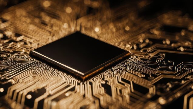 Close-up of a black processor chip on a circuit board, technology concept.