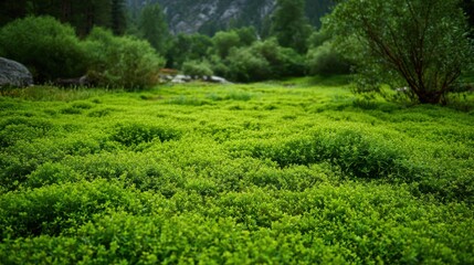 Vibrant green plants cover the ground creating a serene atmosphere in a tranquil valley.