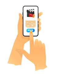 People hold smartphones with cinema passes. Buy tickets online. Cinema tickets booking smartphone interface. Vector illustration.