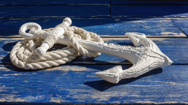 Decorative white ship anchor rests upon weathered blue wooden planks alongside thick coiled rope