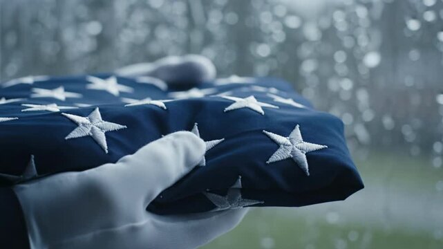  Solemn Macro of Perfectly Folded American Flag Held by White Gloved Hands, Rainy Window Background