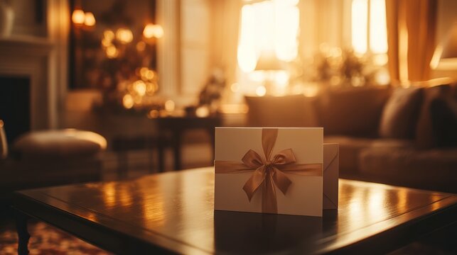 Elegant Gift Card with Golden Ribbon Bow on Polished Wooden Table in Warm Blurry Background