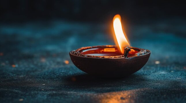 Close up of a diya lamp with a bright flame on a dark surface creating a warm glow in the darkness