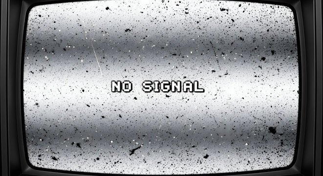 Retro TV screen displaying a static and 'No Signal' message evokes a nostalgic feel for vintage technology and broadcasting challenges with a grainy texture