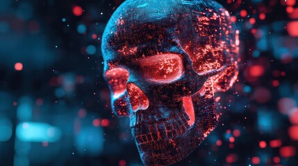 Digital Skull With Red and Blue Glowing Particles
