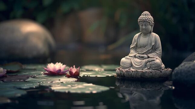 Stone buddha statue meditating on lotus flower in a pond with lily pads and a dark blurred background