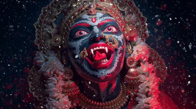 Close up of goddess kali with dark skin and red eyes wearing a golden crown and floral garland