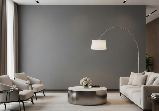 Modern living room with minimalist furniture and arc floor lamp
