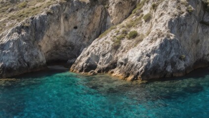 Coastal Cliffside Serenity - Turquoise Waters Meet Rugged Rock Formations.