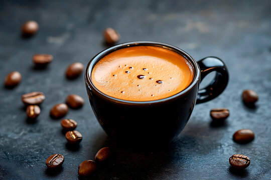 Espresso coffee in a black cup, its rich crema providing an energizing boost on a dark background with scattered coffee beans