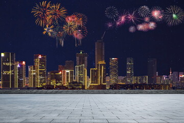 Title: fireworks in the city night road landscape outdoor cityscape celebration hoilday happy new year	
