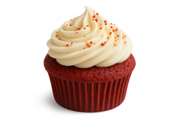 Red velvet cupcake with rich cream cheese frosting and red sprinkles, a sweet treat and delicious dessert for celebrations