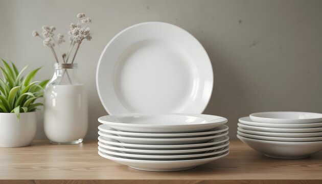 Elegant white dinnerware and stylish decor for modern kitchen or restaurant showcasing minimalist design and clean aesthetic for culinary excellence