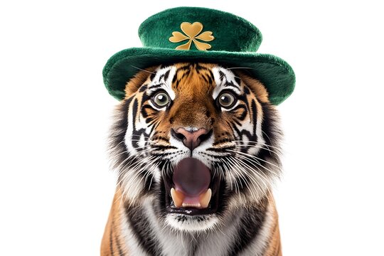 Tiger with a wide-open mouth expressing shock or surprise while wearing a festive green leprechaun hat with a shamrock
