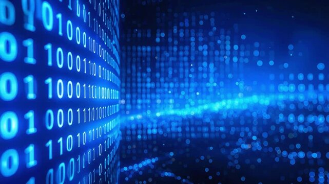 Looping Blue Binary Code Flowing Across a Digital Computer Screen in 4K Resolution