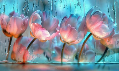 Pastel tulips behind wet glass window texture and delicate floral theme