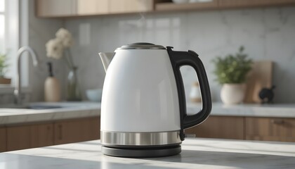 Brewing freshness with a modern white electric kettle in a bright kitchen, the perfect start to any morning with hot tea or coffee, simple kitchen appliance