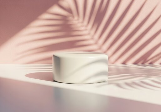 Minimalist pedestal with palm leaf shadows and soft pink background - Powered by Adobe