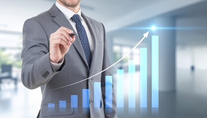 Professional businessman visualizing success, drawing a financial growth chart, perfect for corporate presentations or investment strategy visuals
