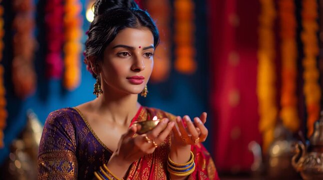 Woman in saree lighting diyas for diwali celebration with traditional decorations in background