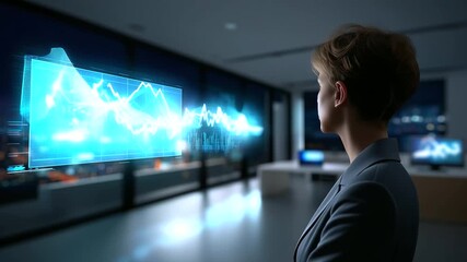 Faceless businesswoman observing data holograms reflecting financial and technological synergy in modern workspace, with copy space. - Powered by Adobe