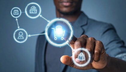 Professional Man Making Online Purchase on Glowing Interface for Seamless Ecommerce and Shopping Experience with Modern Digital Technology Solutions