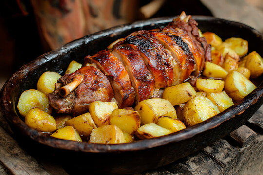 Roasted cuy dish presenting a whole guinea pig with crispy skin and fried potatoes in an Andean style