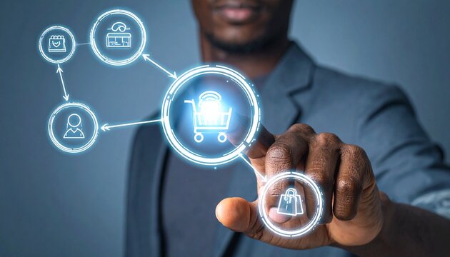 Professional Man Making Online Purchase on Glowing Interface for Seamless Ecommerce and Shopping Experience with Modern Digital Technology Solutions